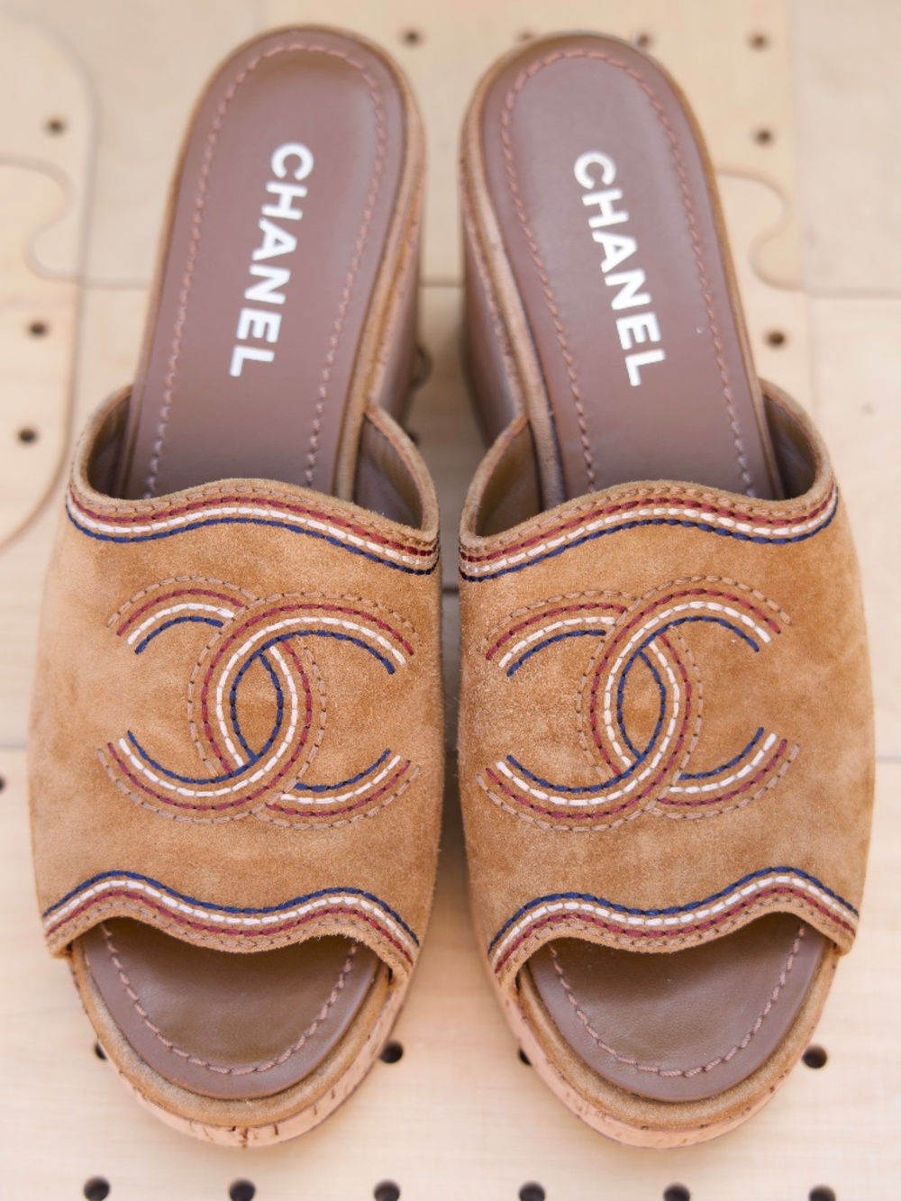 CHANEL Warm Tan Suede & Embroidered Cork Wedge Sandal Made In Italy Woman's 38.5